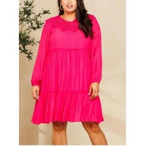 #2304 Oddy NWOT Lacey Pink Tiered Long Sleeve Dress Size 1X Crochet Accent